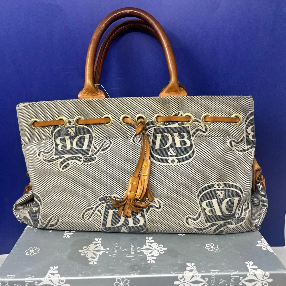 Vintage Dooney & Bourke Mini Tassel Tote with DB Signature Print Flawed